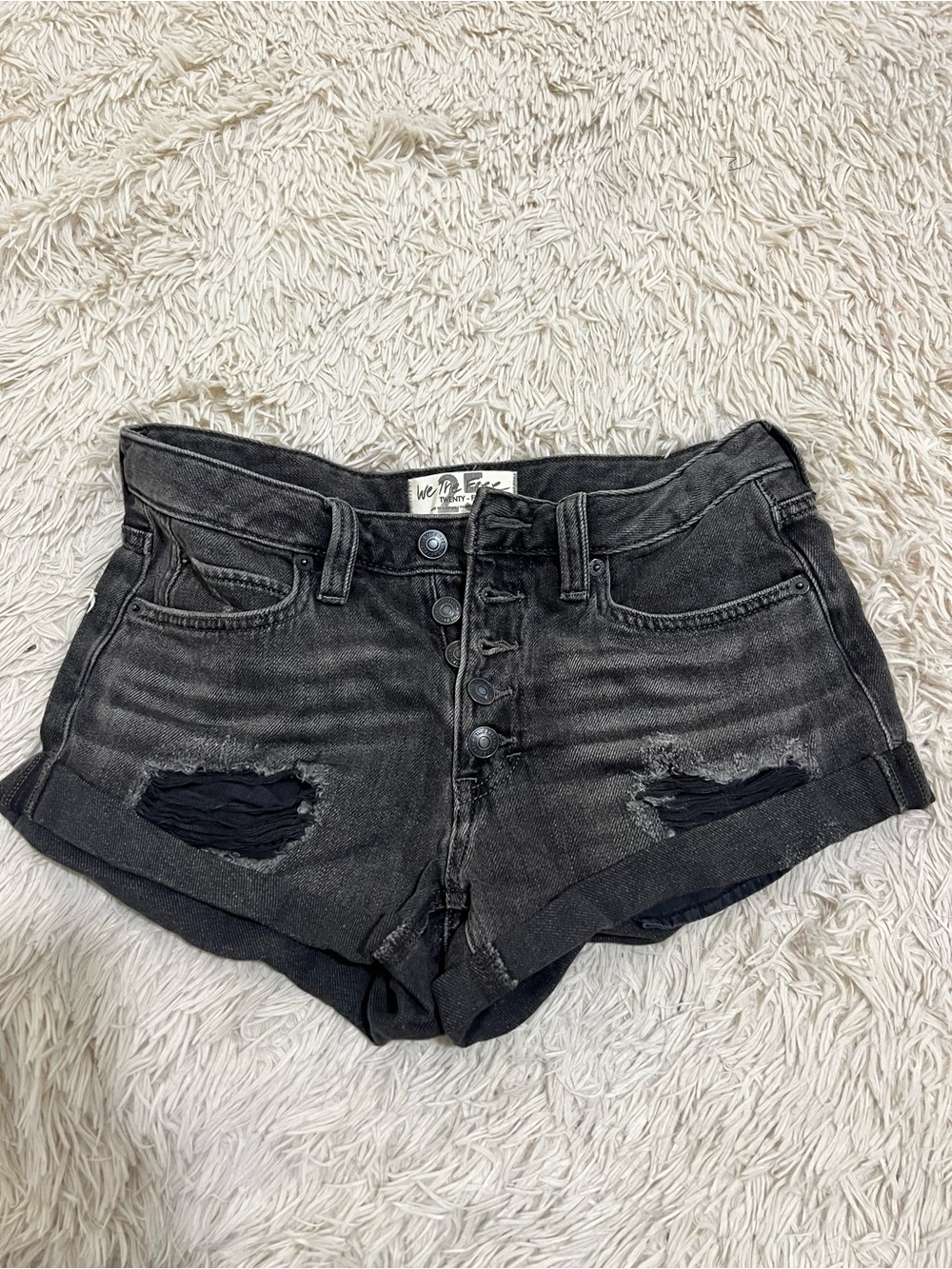 We The Free Washed Black Distressed Button-Fly Denim Shorts